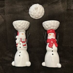 2 Snowmen Ceramic Tealight Candle Holders